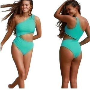 BEACHRIOT Free People Teal One Shoulder Cutout One Piece Swimsuit Sz S NWT $148